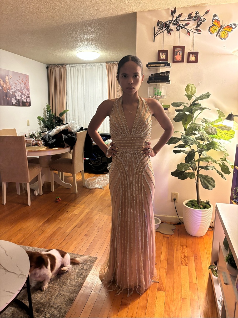 Johnathan Kayne Champagne-Beaded Halter Maxi Gown